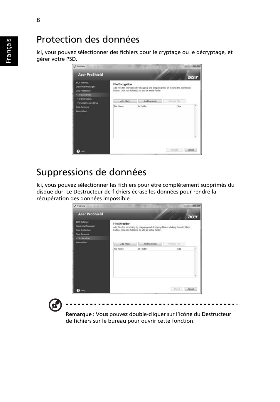 Protection des données, Suppressions de données | Acer TravelMate 7750G User Manual | Page 104 / 2286