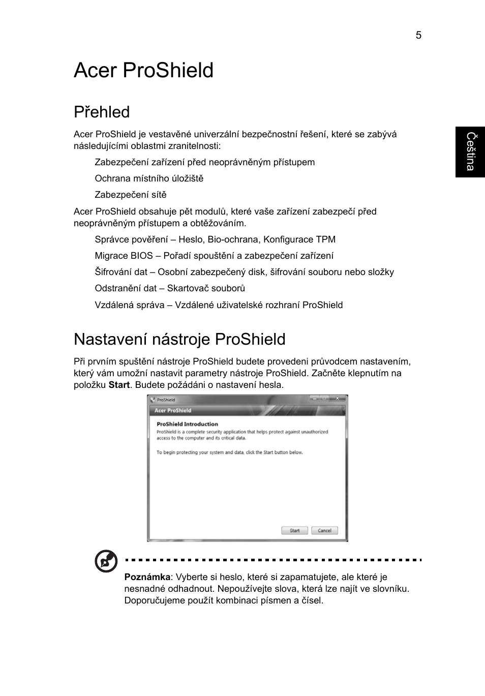 Acer proshield, Přehled, Nastavení nástroje proshield | Acer TravelMate 7750G User Manual | Page 1063 / 2286