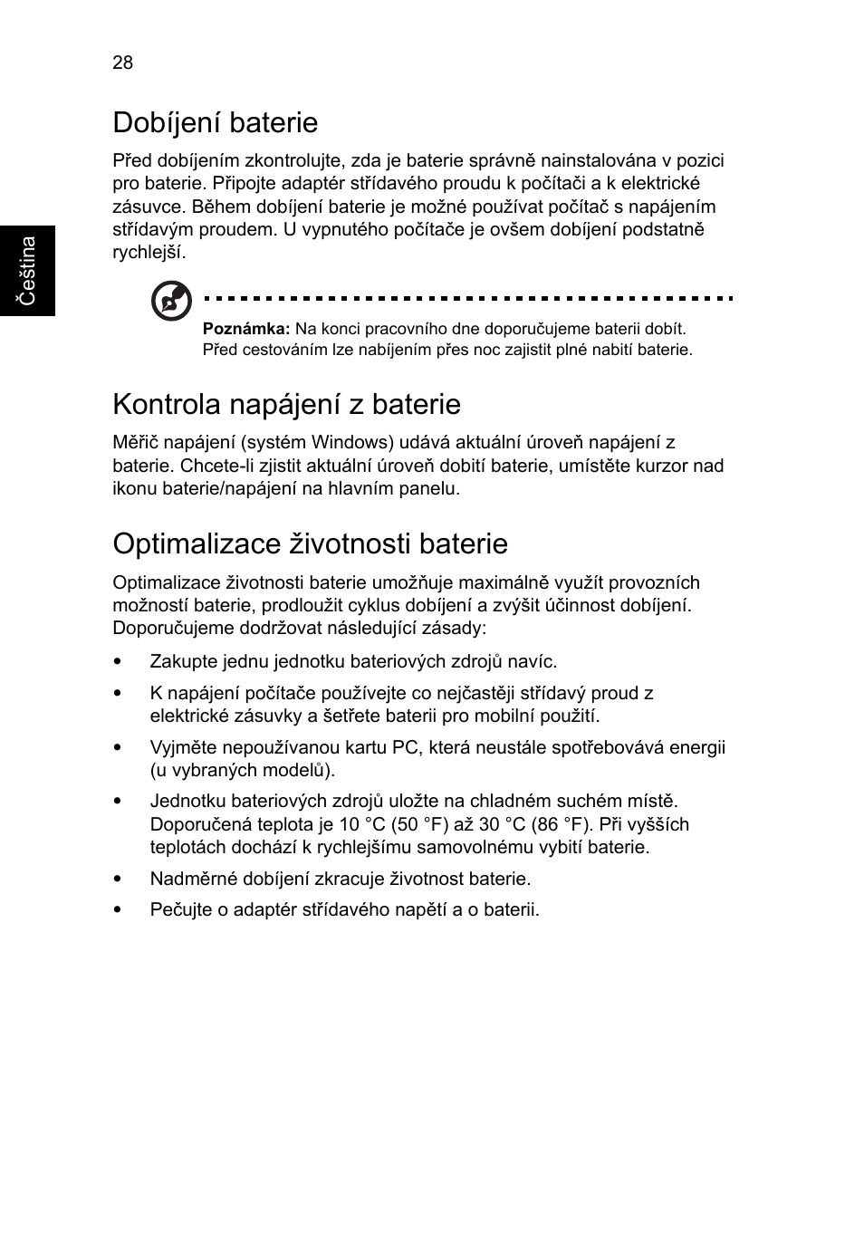 Dobíjení baterie, Kontrola napájení z baterie, Optimalizace životnosti baterie | Acer TravelMate 7750G User Manual | Page 1086 / 2286