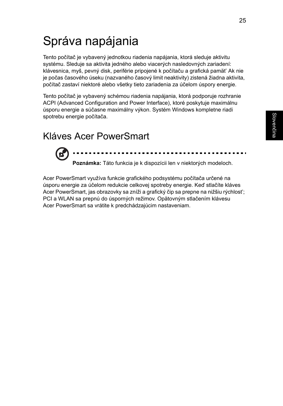 Správa napájania, Kláves acer powersmart | Acer TravelMate 7750G User Manual | Page 1155 / 2286