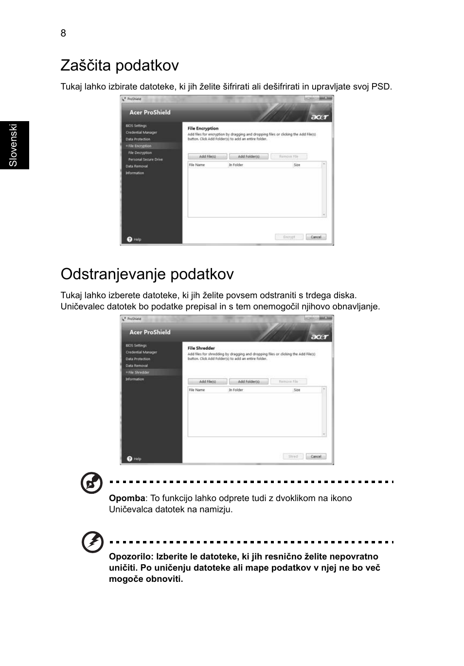 Zaščita podatkov, Odstranjevanje podatkov | Acer TravelMate 7750G User Manual | Page 1210 / 2286