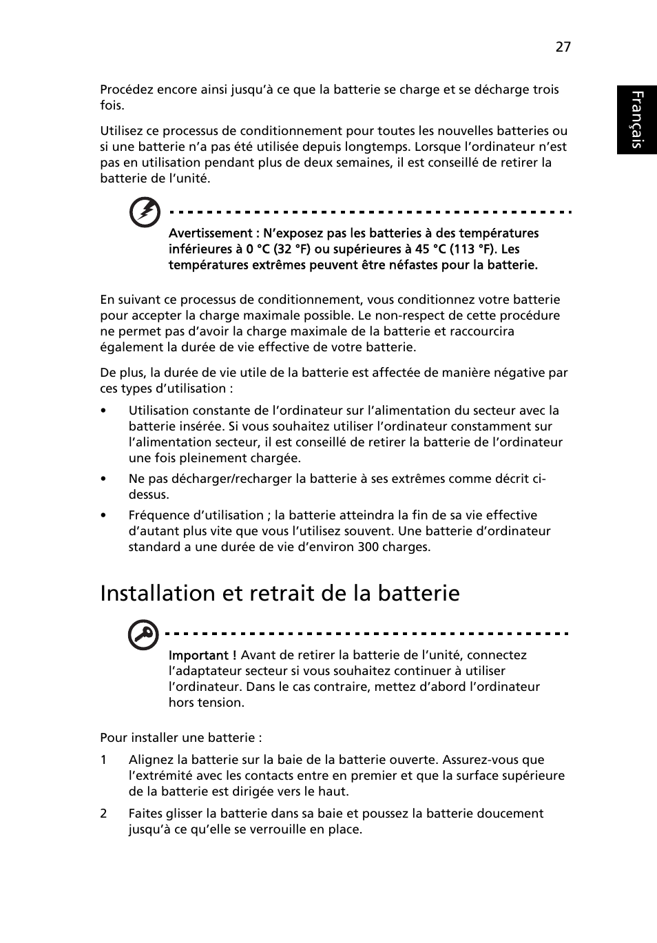 Installation et retrait de la batterie, Français | Acer TravelMate 7750G User Manual | Page 123 / 2286