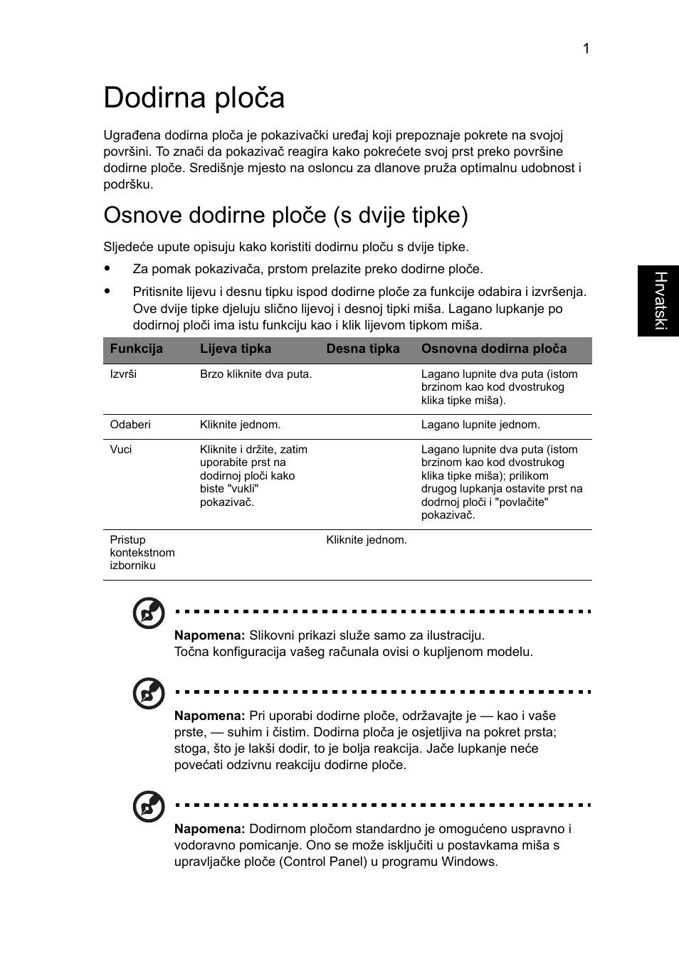 Dodirna ploča, Osnove dodirne ploče (s dvije tipke) | Acer TravelMate 7750G User Manual | Page 1277 / 2286