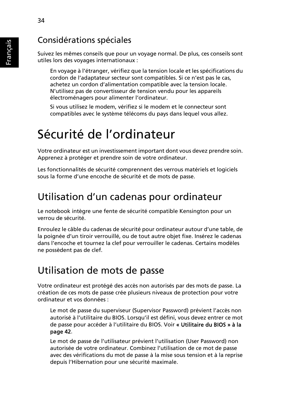 Sécurité de l’ordinateur, Utilisation d’un cadenas pour ordinateur, Utilisation de mots de passe | Considérations spéciales | Acer TravelMate 7750G User Manual | Page 130 / 2286