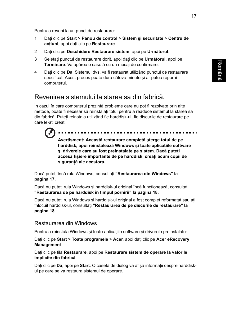 Revenirea sistemului la starea sa din fabrică | Acer TravelMate 7750G User Manual | Page 1367 / 2286