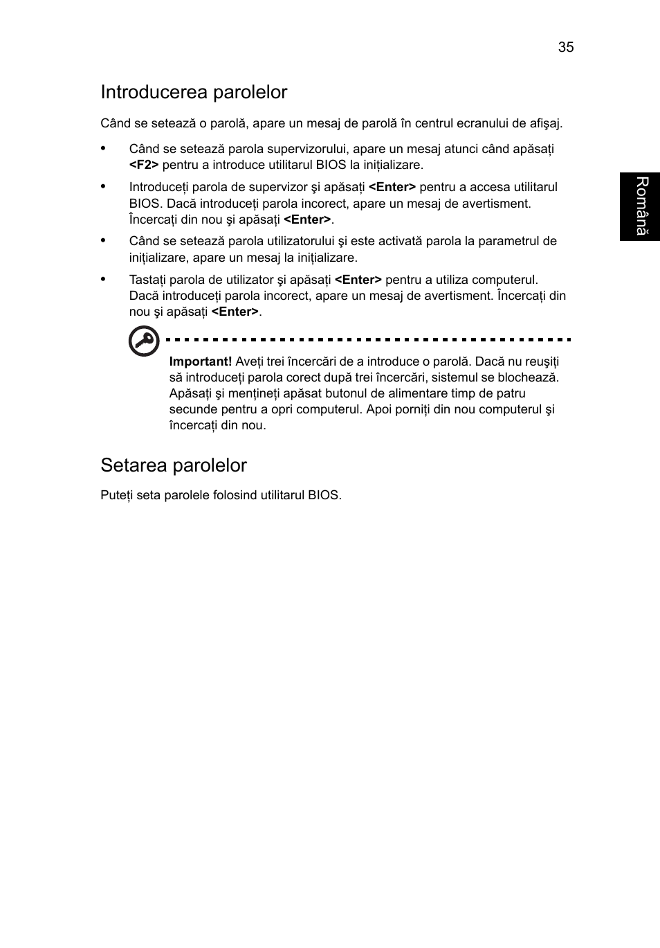 Introducerea parolelor, Setarea parolelor | Acer TravelMate 7750G User Manual | Page 1385 / 2286