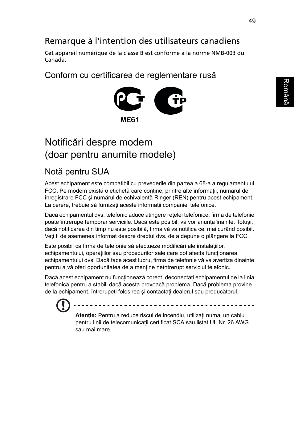 Remarque à l'intention des utilisateurs canadiens, Conform cu certificarea de reglementare rusă, Notă pentru sua | Acer TravelMate 7750G User Manual | Page 1399 / 2286