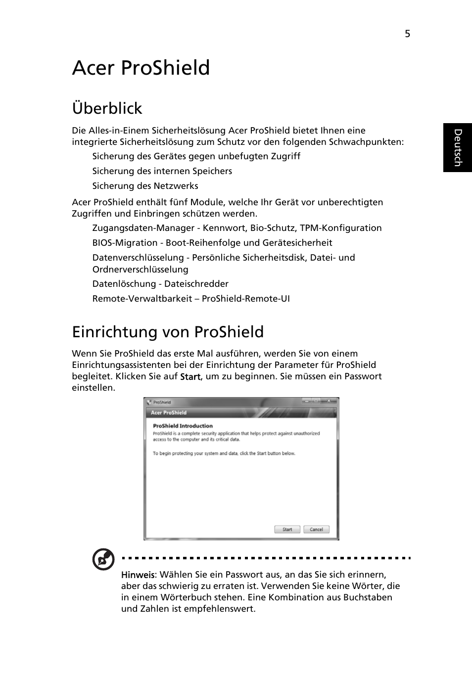 Acer proshield, Überblick, Einrichtung von proshield | Acer TravelMate 7750G User Manual | Page 175 / 2286