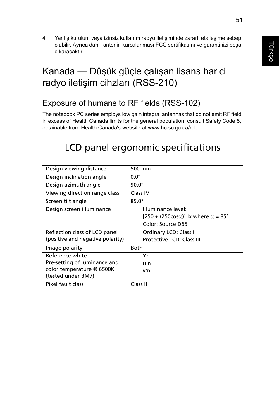 Lcd panel ergonomic specifications, Exposure of humans to rf fields (rss-102) | Acer TravelMate 7750G User Manual | Page 1851 / 2286