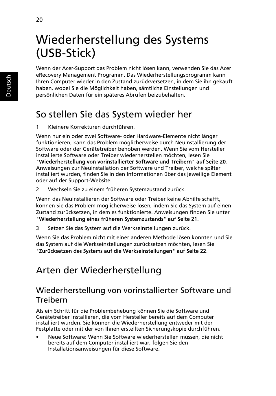 Wiederherstellung des systems (usb-stick), So stellen sie das system wieder her, Arten der wiederherstellung | Acer TravelMate 7750G User Manual | Page 190 / 2286