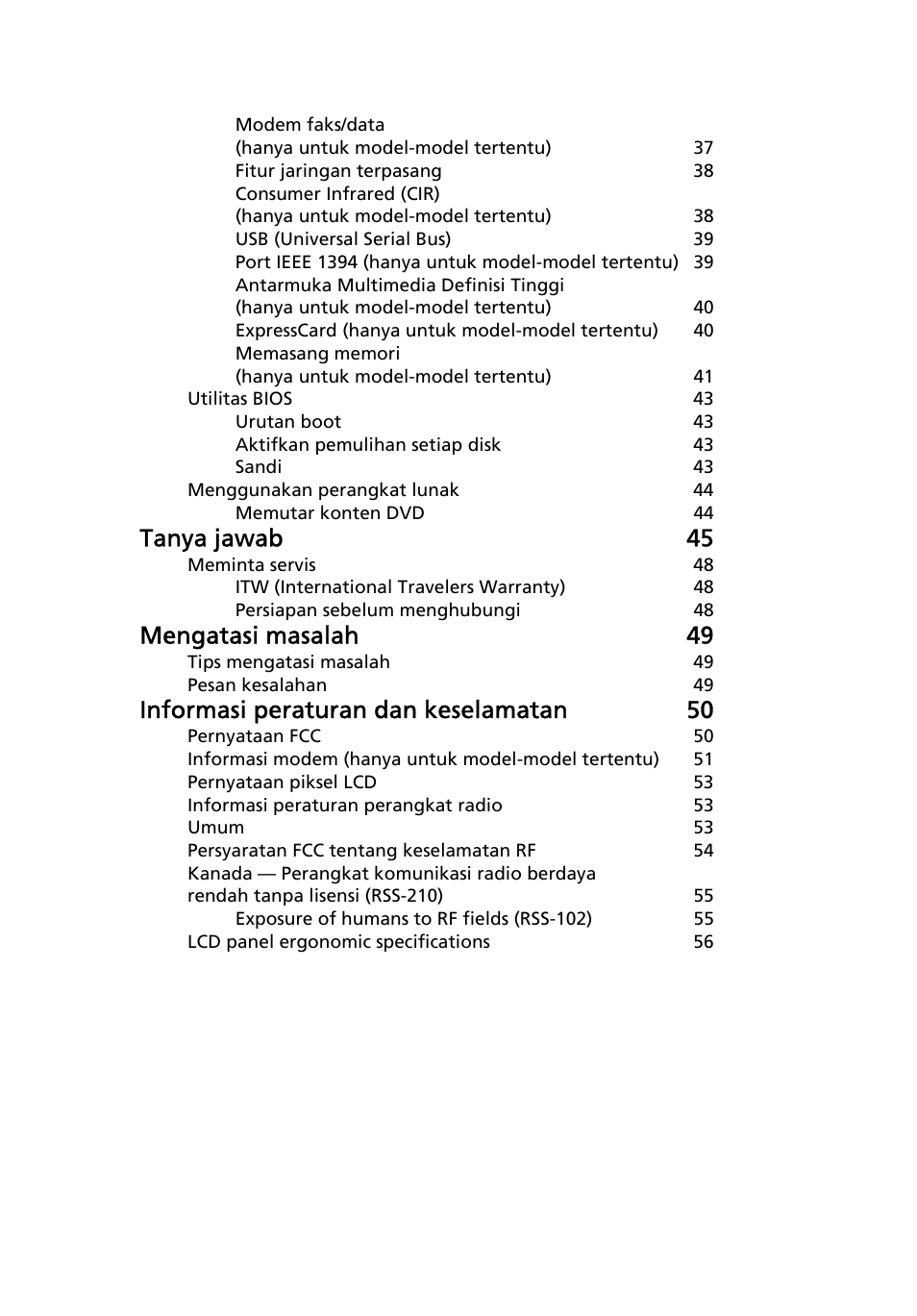 Tanya jawab 45, Mengatasi masalah 49, Informasi peraturan dan keselamatan 50 | Acer TravelMate 7750G User Manual | Page 2153 / 2286