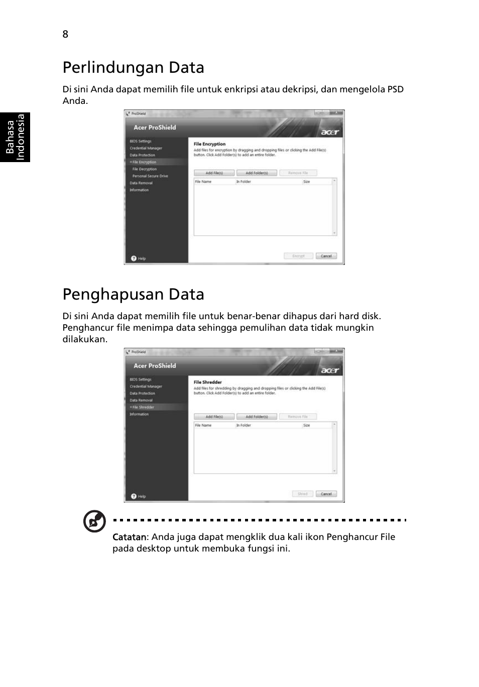 Perlindungan data, Penghapusan data | Acer TravelMate 7750G User Manual | Page 2162 / 2286