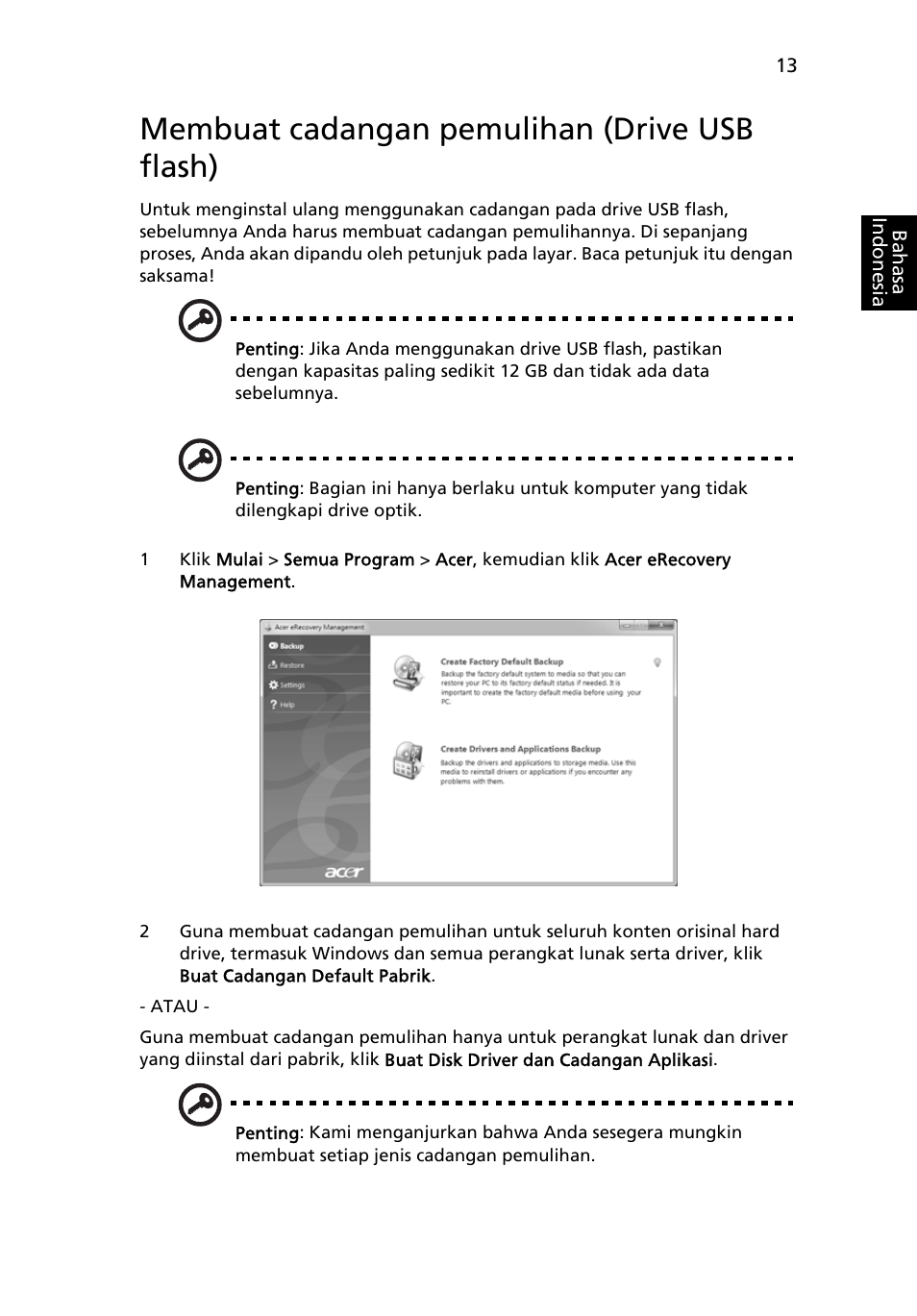 Membuat cadangan pemulihan (drive usb flash) | Acer TravelMate 7750G User Manual | Page 2167 / 2286