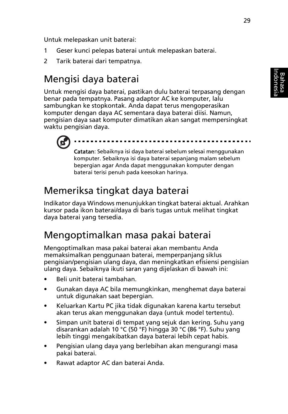 Mengisi daya baterai, Memeriksa tingkat daya baterai, Mengoptimalkan masa pakai baterai | Acer TravelMate 7750G User Manual | Page 2183 / 2286