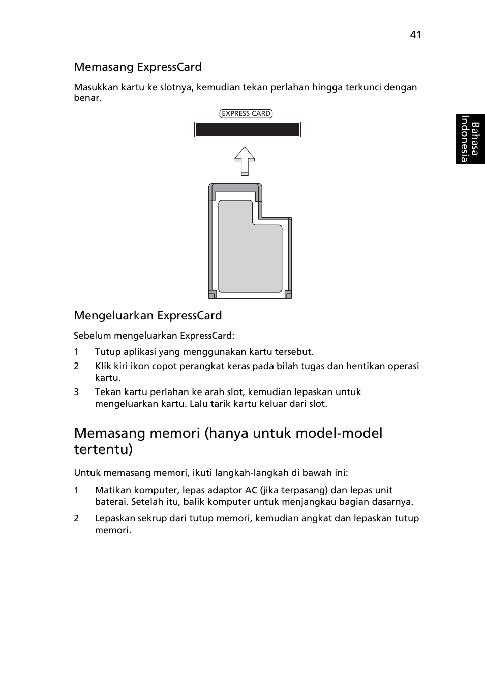 Memasang memori (hanya untuk model-model tertentu) | Acer TravelMate 7750G User Manual | Page 2195 / 2286