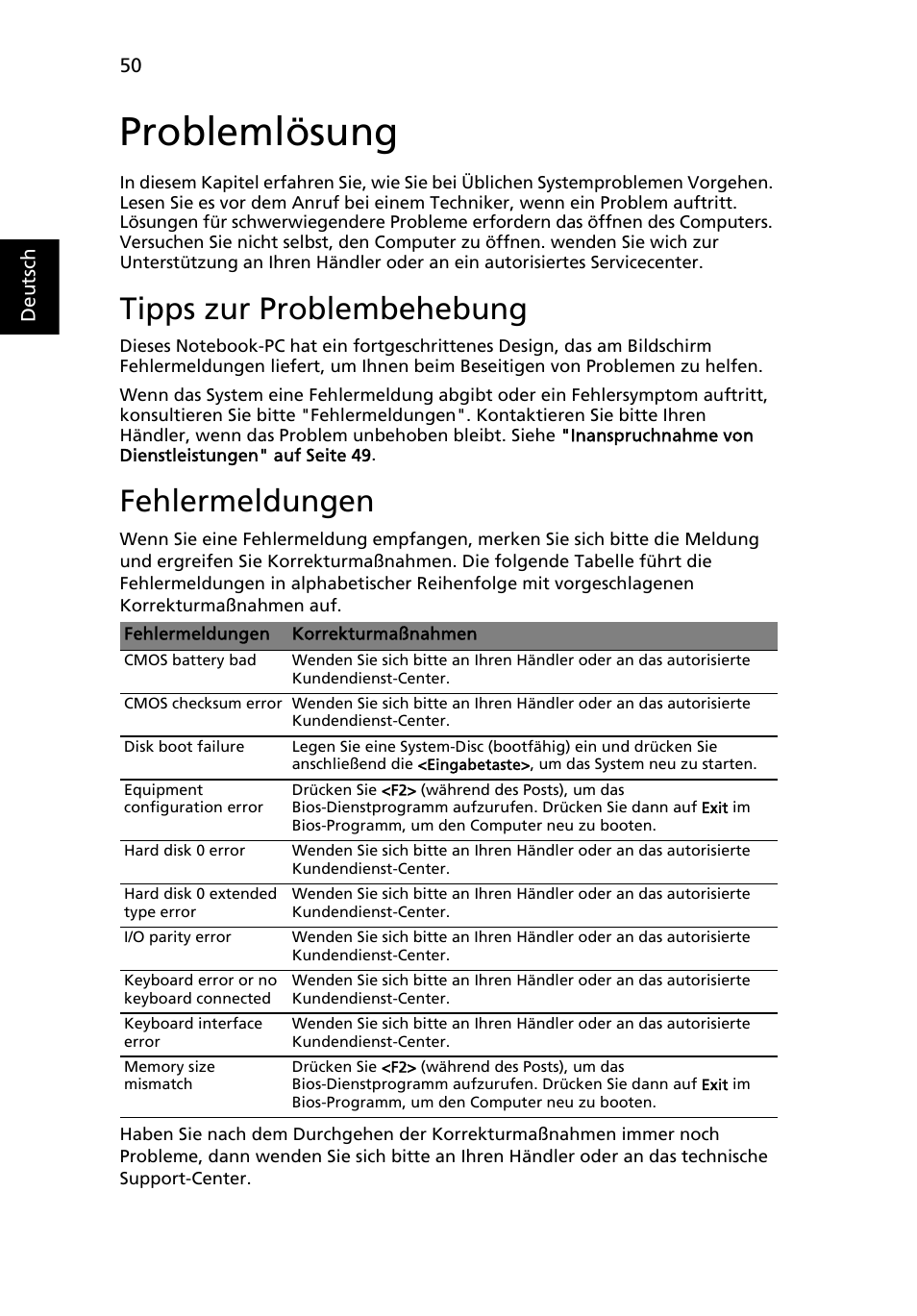 Problemlösung, Tipps zur problembehebung, Fehlermeldungen | Acer TravelMate 7750G User Manual | Page 220 / 2286