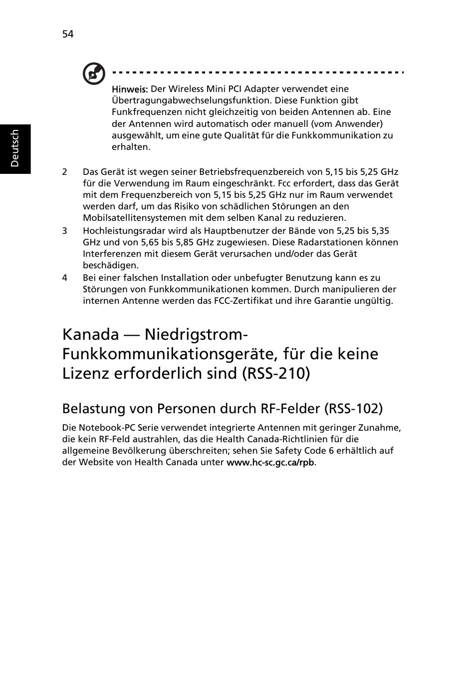 Belastung von personen durch rf-felder (rss-102) | Acer TravelMate 7750G User Manual | Page 224 / 2286