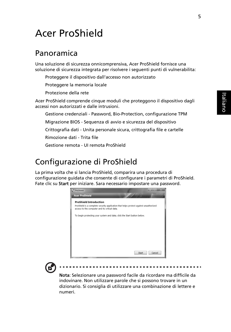 Acer proshield, Panoramica, Configurazione di proshield | Acer TravelMate 7750G User Manual | Page 251 / 2286