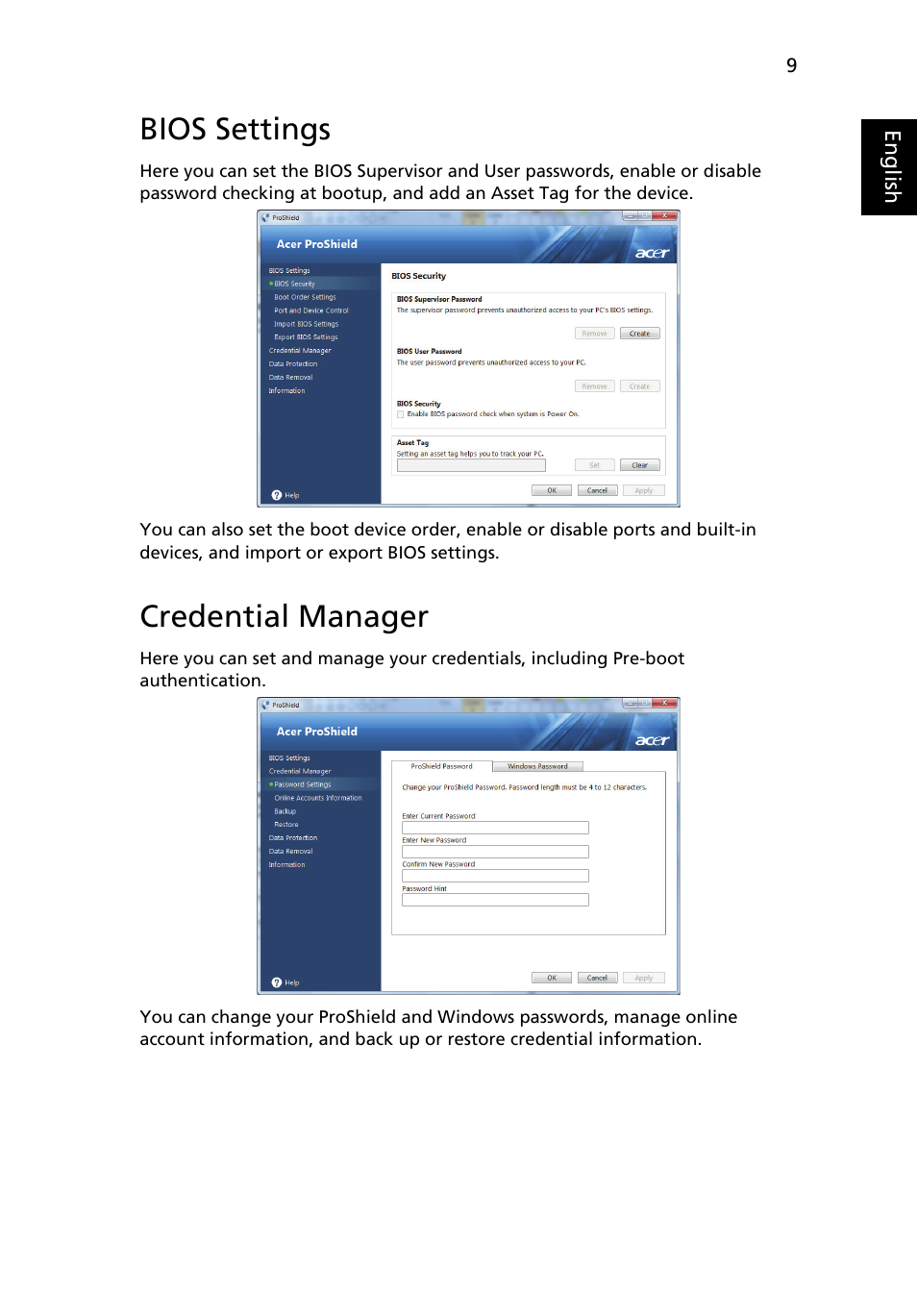 Bios settings, Credential manager | Acer TravelMate 7750G User Manual | Page 29 / 2286
