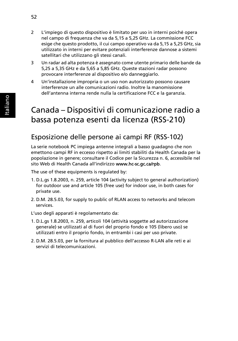Esposizione delle persone ai campi rf (rss-102) | Acer TravelMate 7750G User Manual | Page 298 / 2286