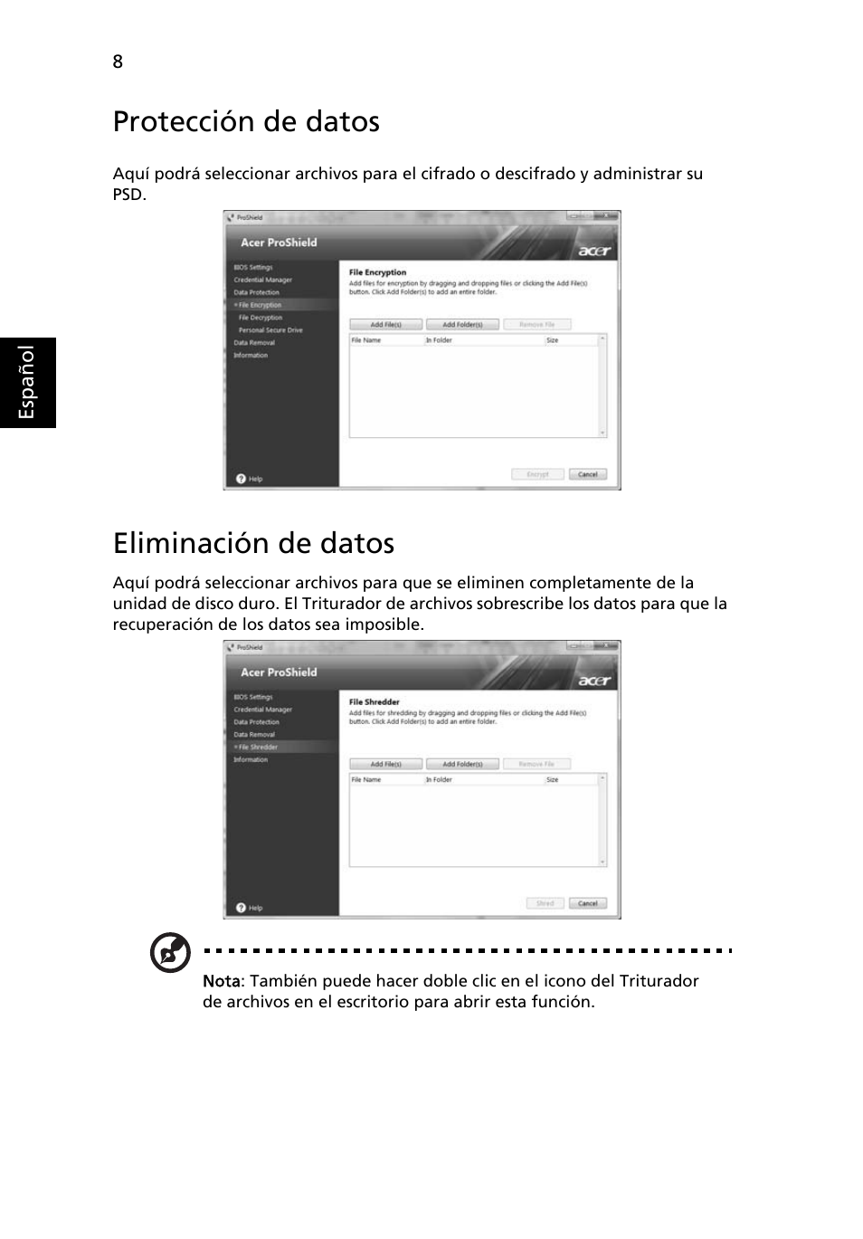 Protección de datos, Eliminación de datos | Acer TravelMate 7750G User Manual | Page 328 / 2286