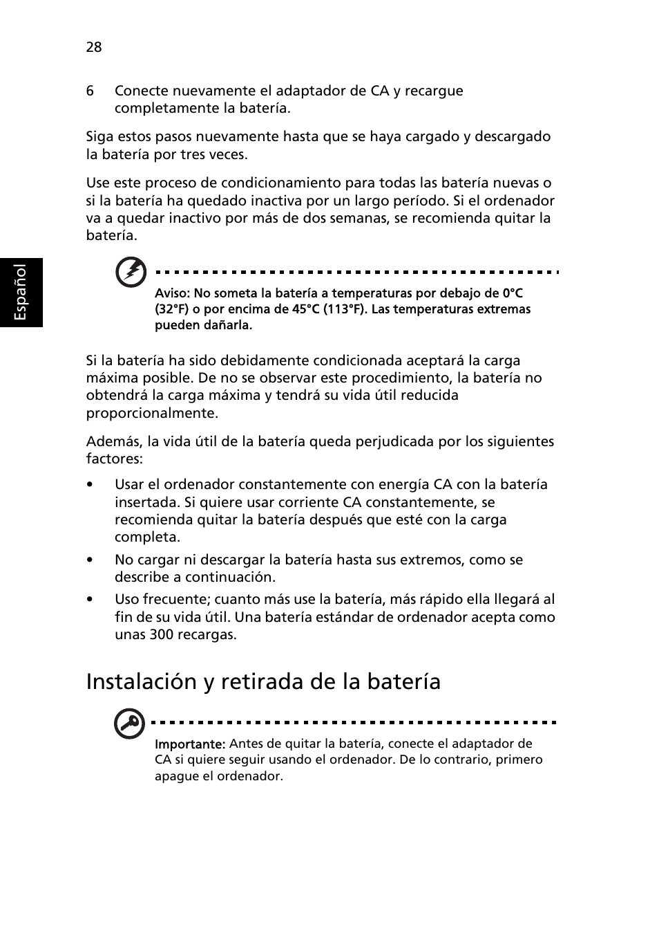 Instalación y retirada de la batería | Acer TravelMate 7750G User Manual | Page 348 / 2286