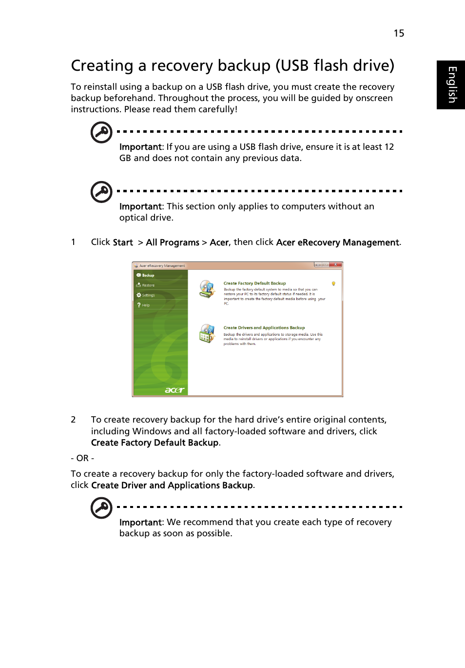 Creating a recovery backup (usb flash drive) | Acer TravelMate 7750G User Manual | Page 35 / 2286