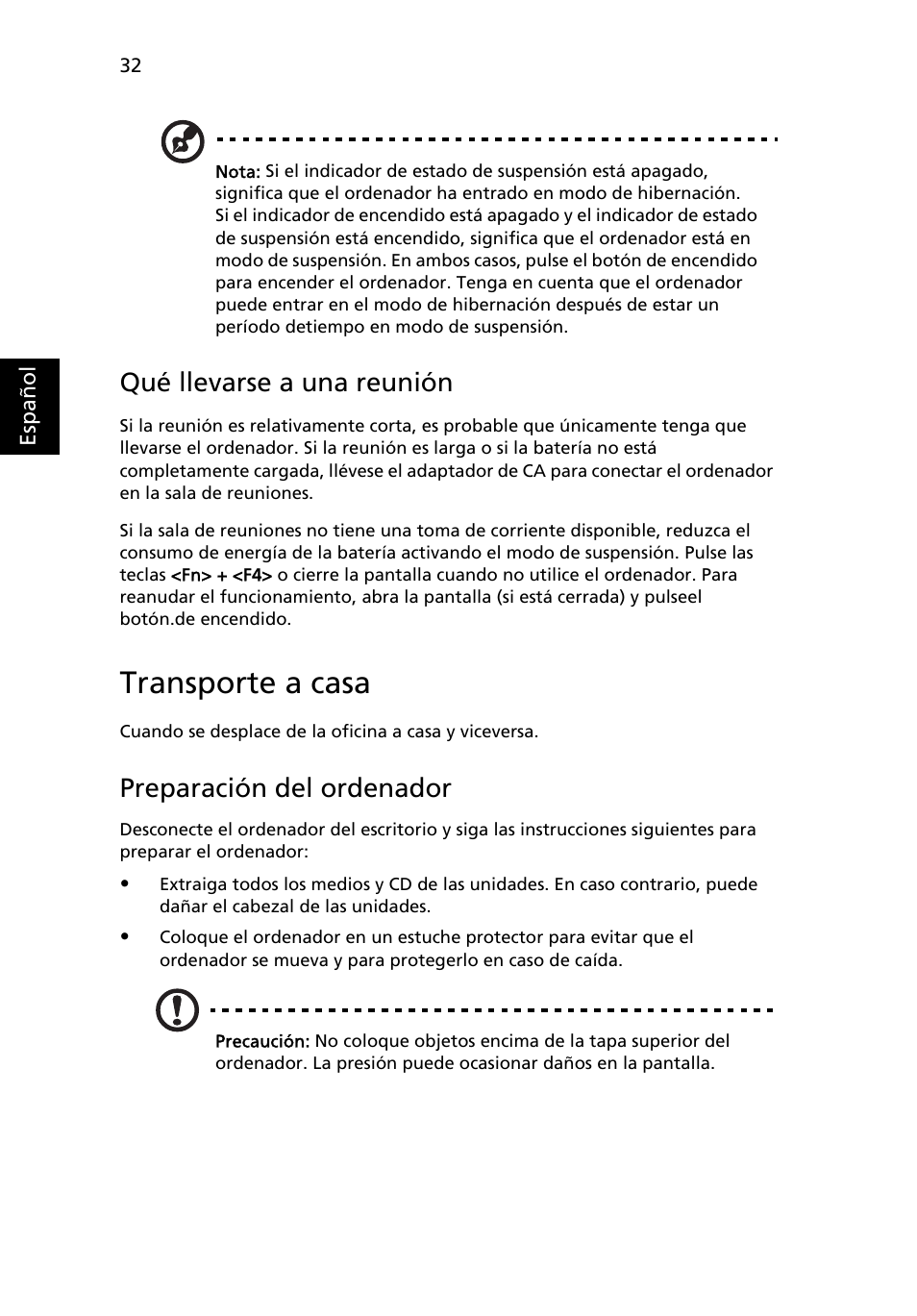 Transporte a casa, Qué llevarse a una reunión, Preparación del ordenador | Acer TravelMate 7750G User Manual | Page 352 / 2286