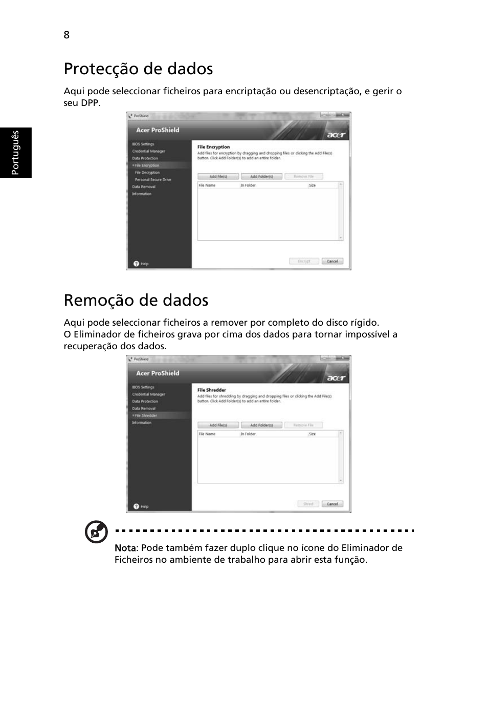Protecção de dados, Remoção de dados | Acer TravelMate 7750G User Manual | Page 402 / 2286