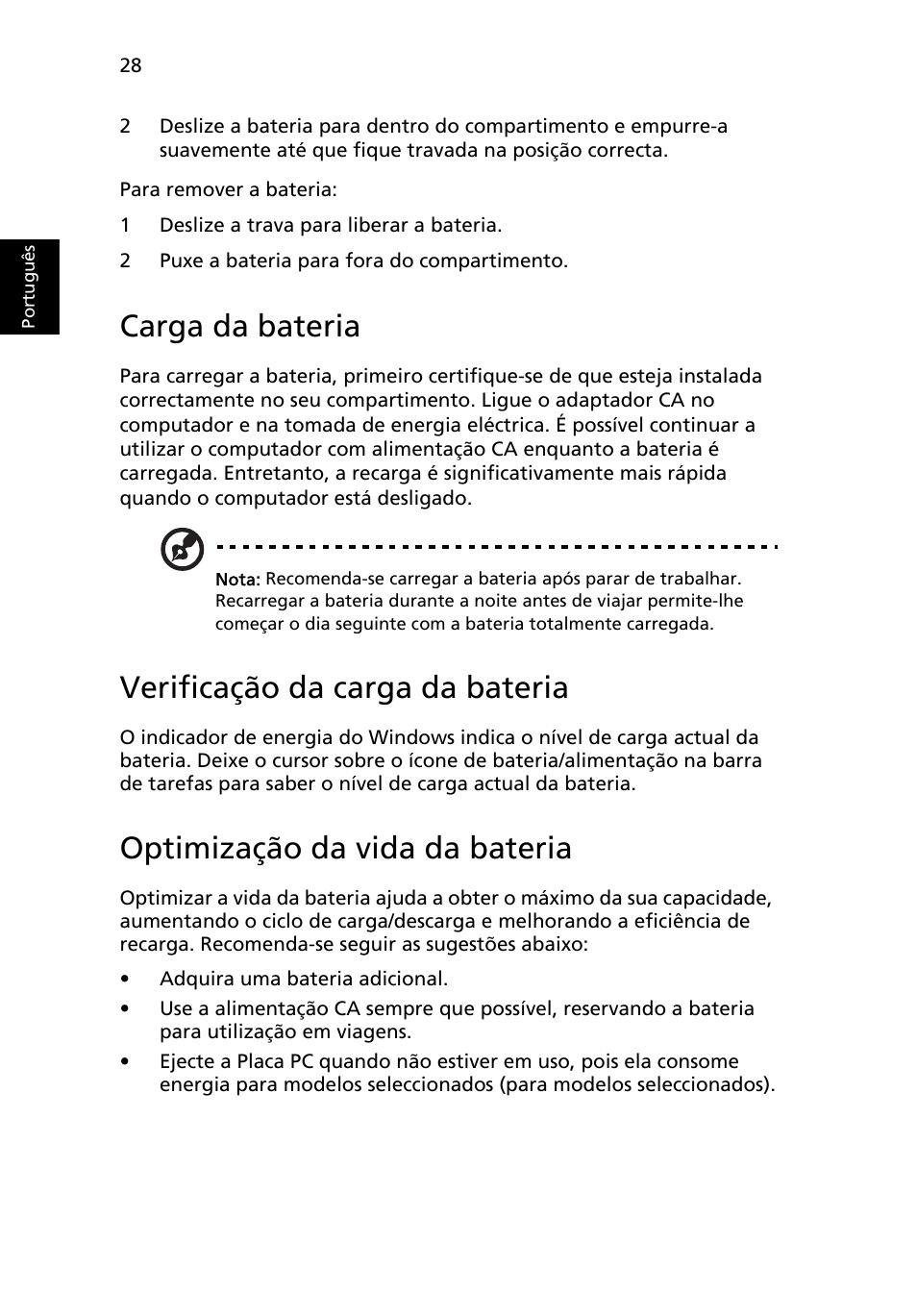 Carga da bateria, Verificação da carga da bateria, Optimização da vida da bateria | Acer TravelMate 7750G User Manual | Page 422 / 2286