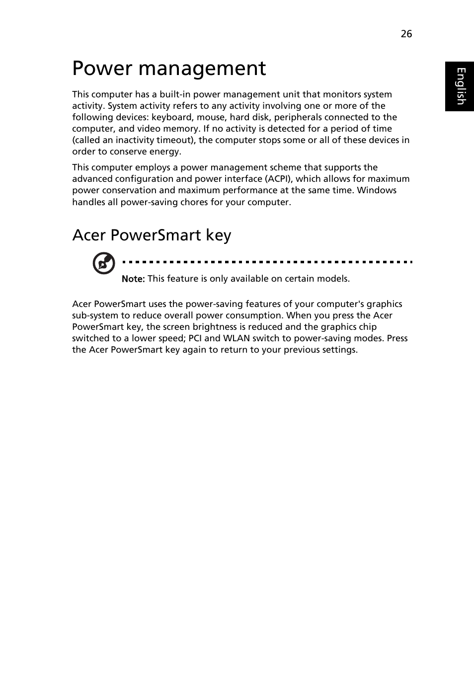 Power management, Acer powersmart key | Acer TravelMate 7750G User Manual | Page 46 / 2286