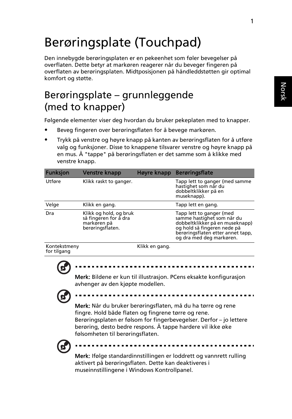 Berøringsplate (touchpad), Berøringsplate - grunnleggende (med to knapper), Berøringsplate – grunnleggende (med to knapper) | Acer TravelMate 7750G User Manual | Page 543 / 2286