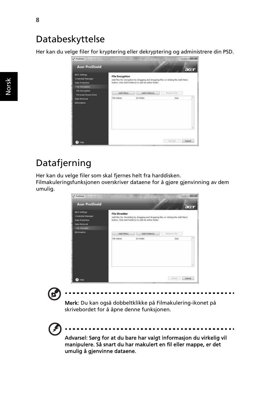 Databeskyttelse, Datafjerning | Acer TravelMate 7750G User Manual | Page 550 / 2286