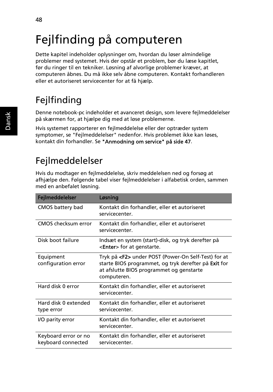 Fejlfinding på computeren, Fejlfinding, Fejlmeddelelser | Acer TravelMate 7750G User Manual | Page 662 / 2286