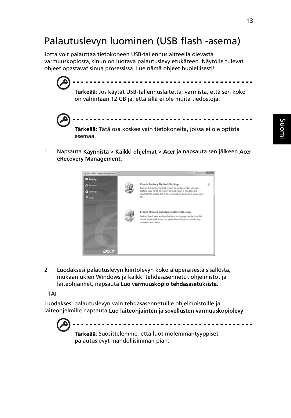 Palautuslevyn luominen (usb flash -asema) | Acer TravelMate 7750G User Manual | Page 771 / 2286