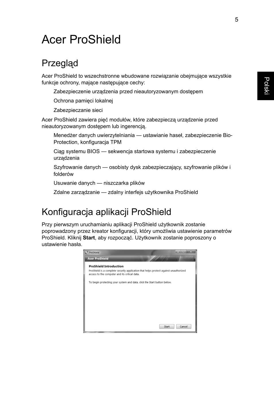 Acer proshield, Przegląd, Konfiguracja aplikacji proshield | Acer TravelMate 7750G User Manual | Page 911 / 2286