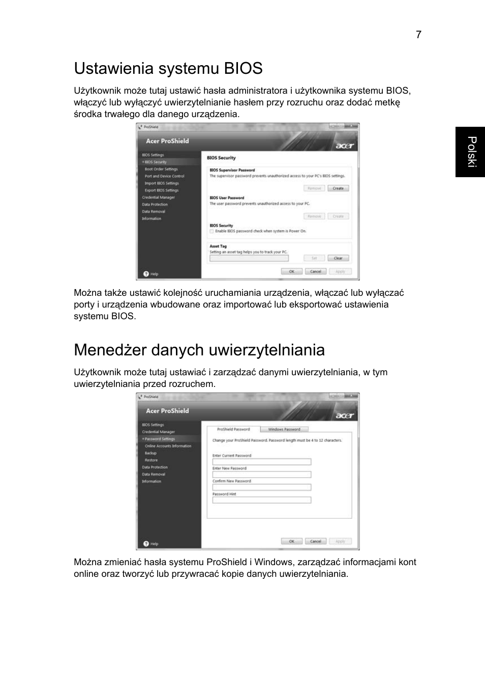 Ustawienia systemu bios, Menedżer danych uwierzytelniania | Acer TravelMate 7750G User Manual | Page 913 / 2286