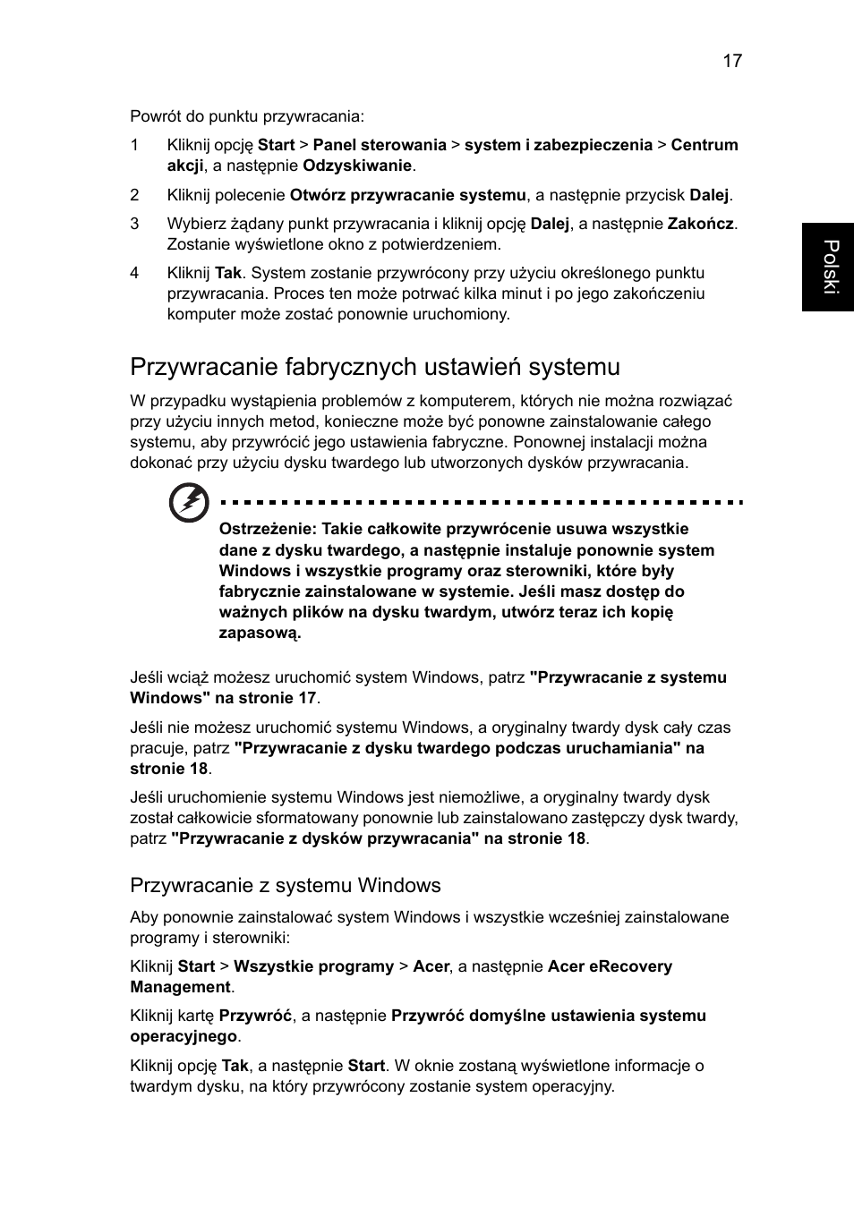 Przywracanie fabrycznych ustawień systemu | Acer TravelMate 7750G User Manual | Page 923 / 2286