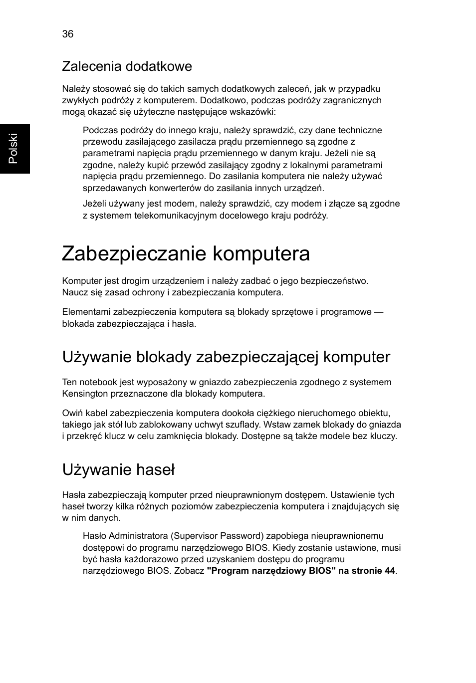 Zabezpieczanie komputera, Używanie blokady zabezpieczającej komputer, Używanie haseł | Zalecenia dodatkowe | Acer TravelMate 7750G User Manual | Page 942 / 2286