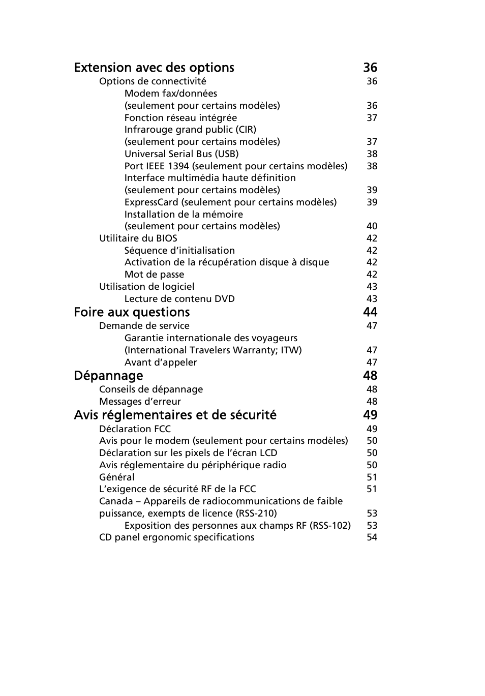Extension avec des options 36, Foire aux questions 44, Dépannage 48 | Avis réglementaires et de sécurité 49 | Acer TravelMate 7750G User Manual | Page 95 / 2286