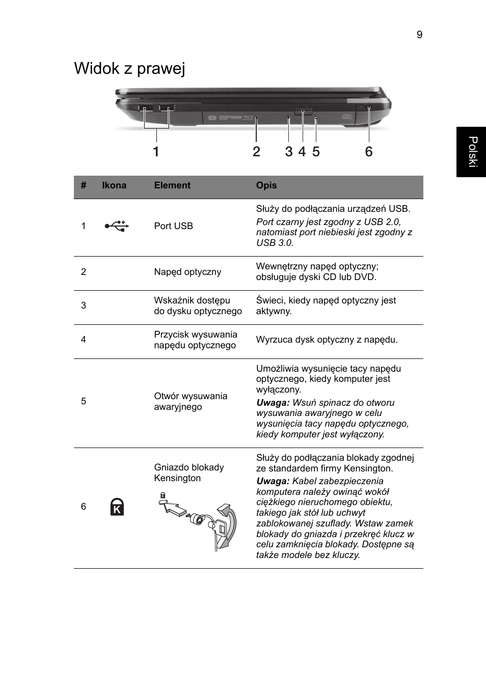 Widok z prawej | Acer TravelMate P243-M User Manual | Page 139 / 310