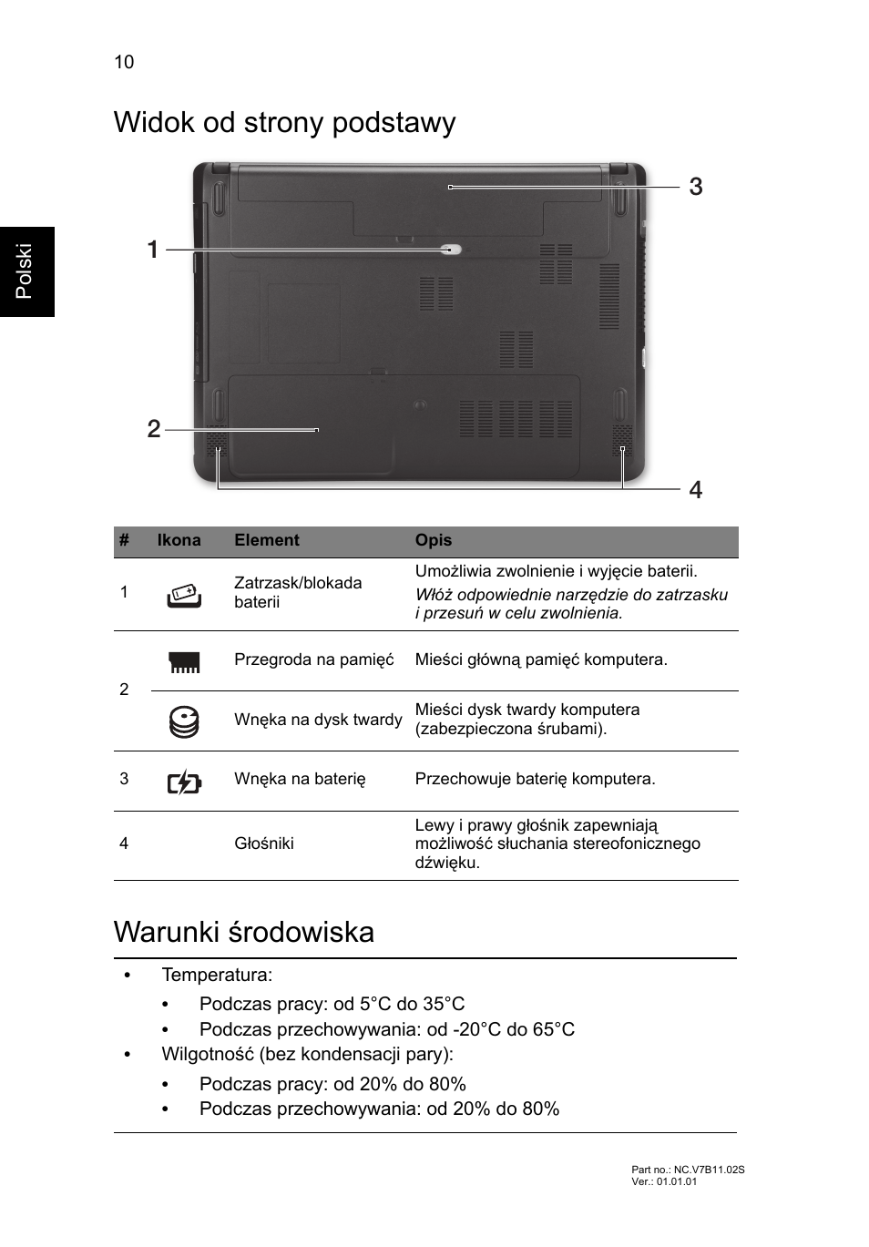 Widok od strony podstawy, Warunki œrodowiska, Widok od strony podstawy warunki środowiska | Acer TravelMate P243-M User Manual | Page 140 / 310