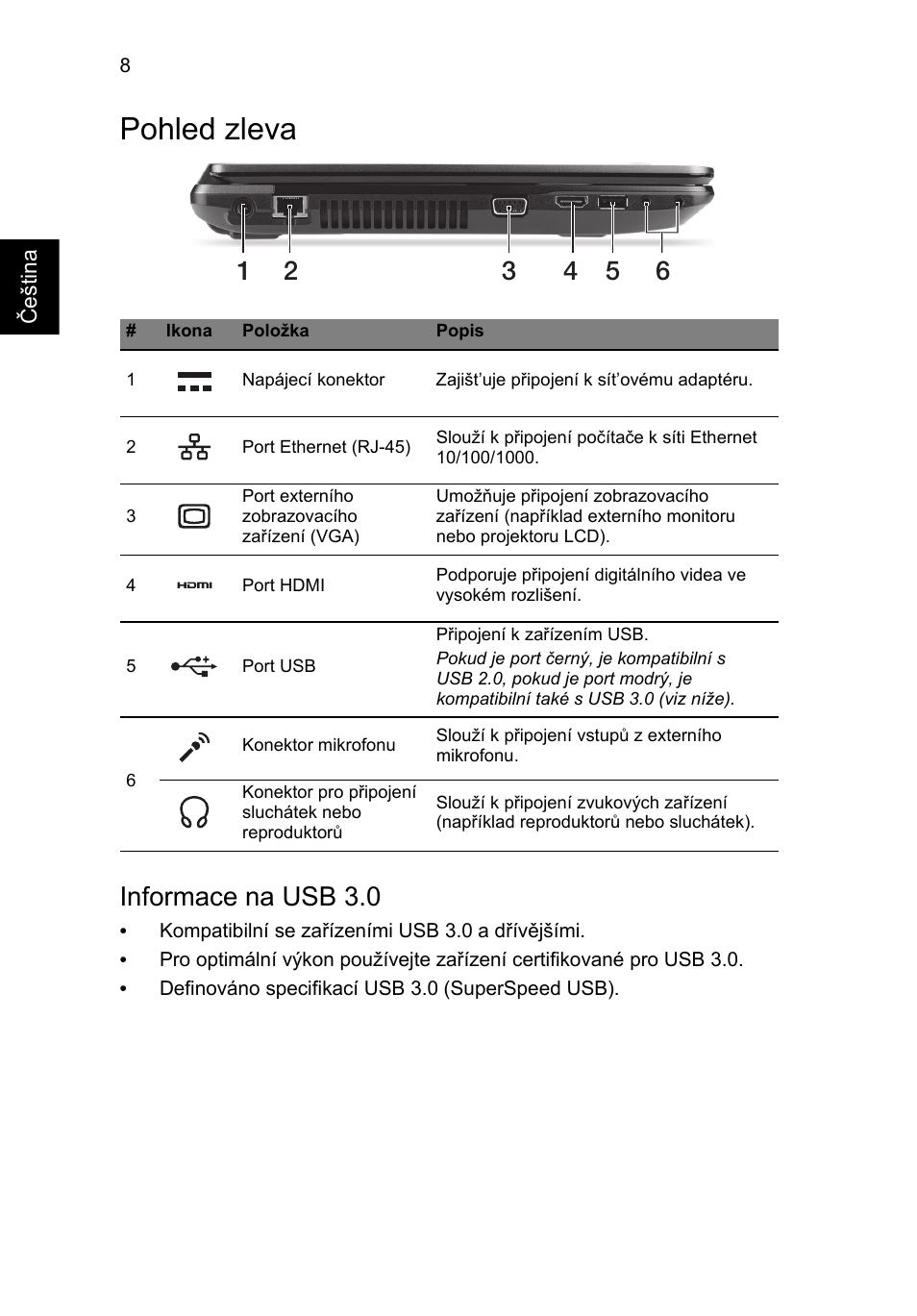 Pohled zleva, Informace na usb 3.0 | Acer TravelMate P243-M User Manual | Page 158 / 310