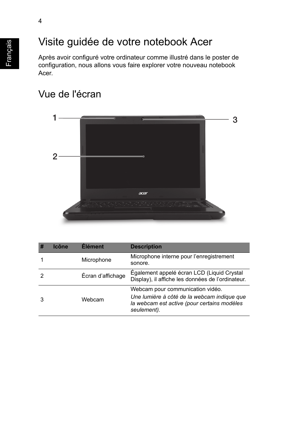 Visite guidée de votre notebook acer, Vue de l'écran | Acer TravelMate P243-M User Manual | Page 18 / 310