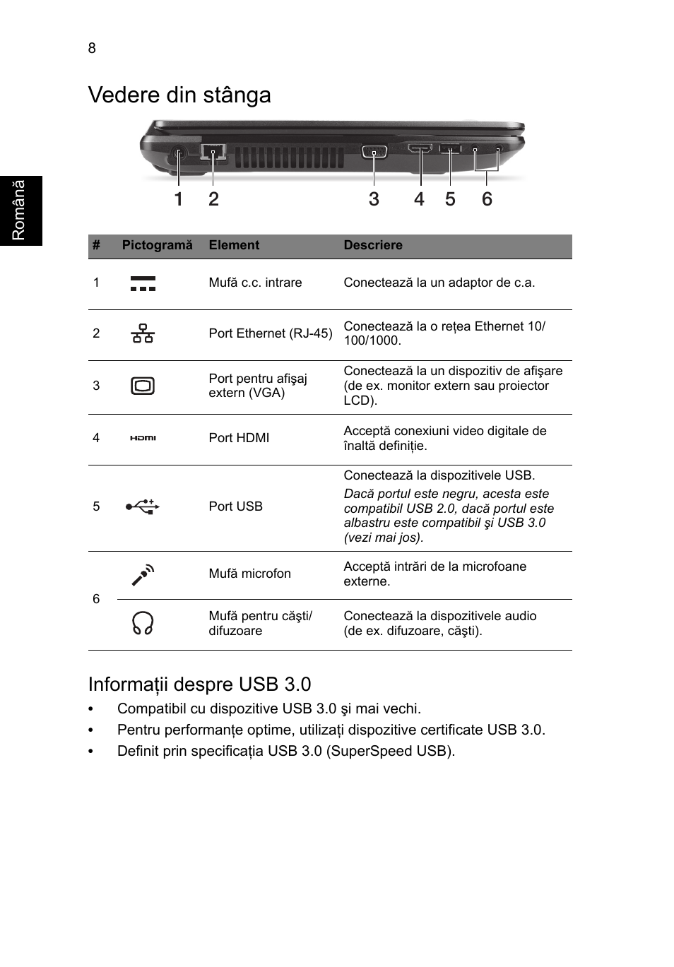 Vedere din stânga, Informaţii despre usb 3.0 | Acer TravelMate P243-M User Manual | Page 198 / 310