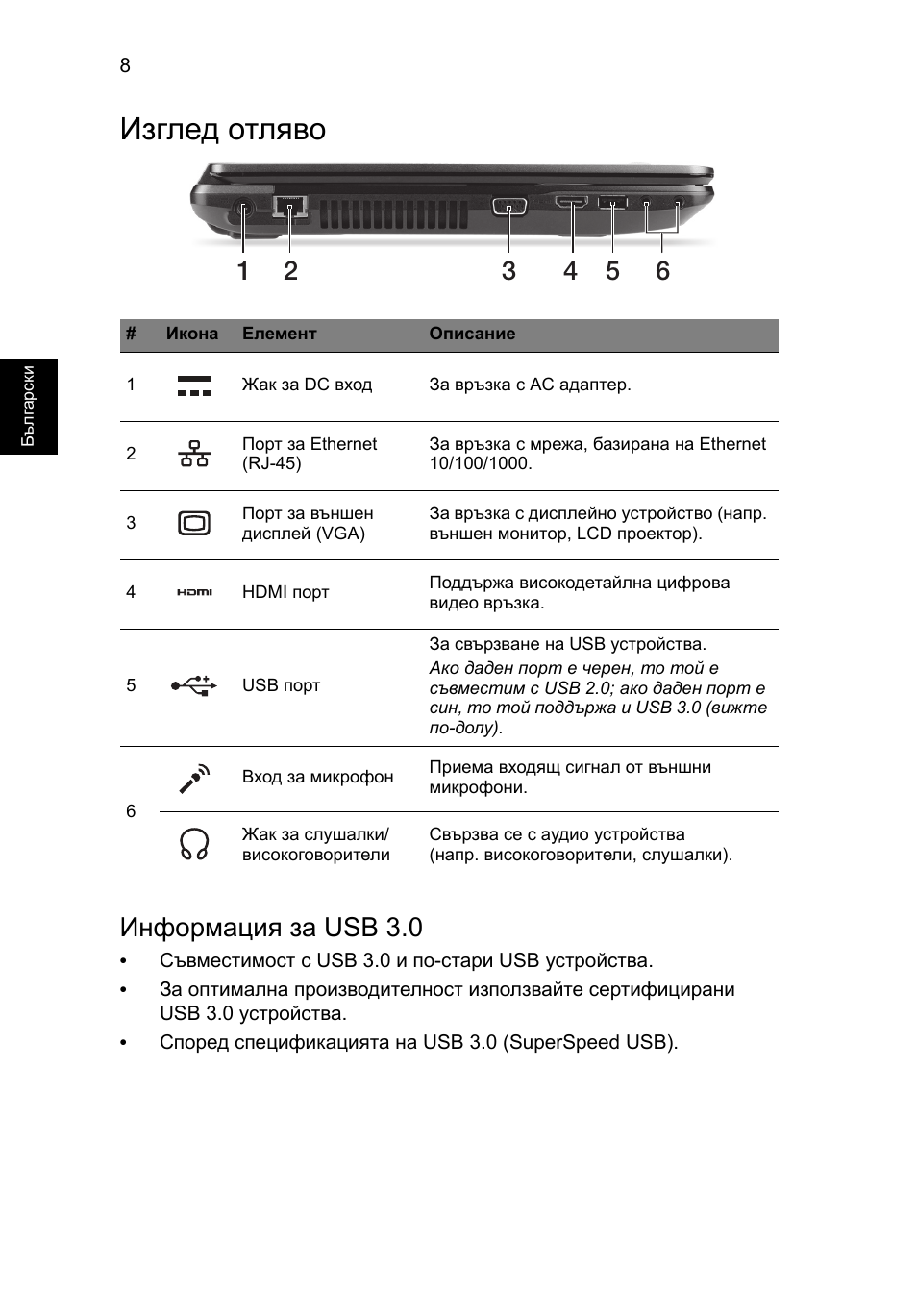 Изглед отляво, Информация за usb 3.0 | Acer TravelMate P243-M User Manual | Page 208 / 310