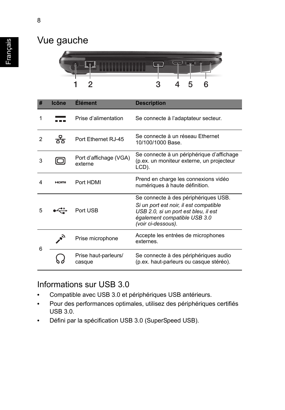 Vue gauche, Informations sur usb 3.0 | Acer TravelMate P243-M User Manual | Page 22 / 310