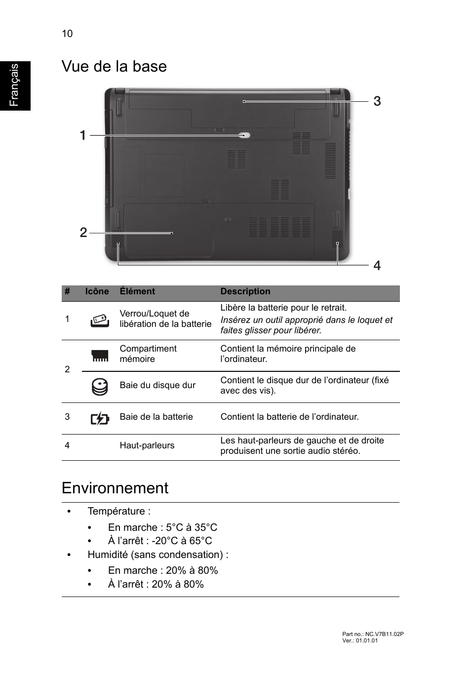 Vue de la base, Environnement, Vue de la base environnement | Acer TravelMate P243-M User Manual | Page 24 / 310