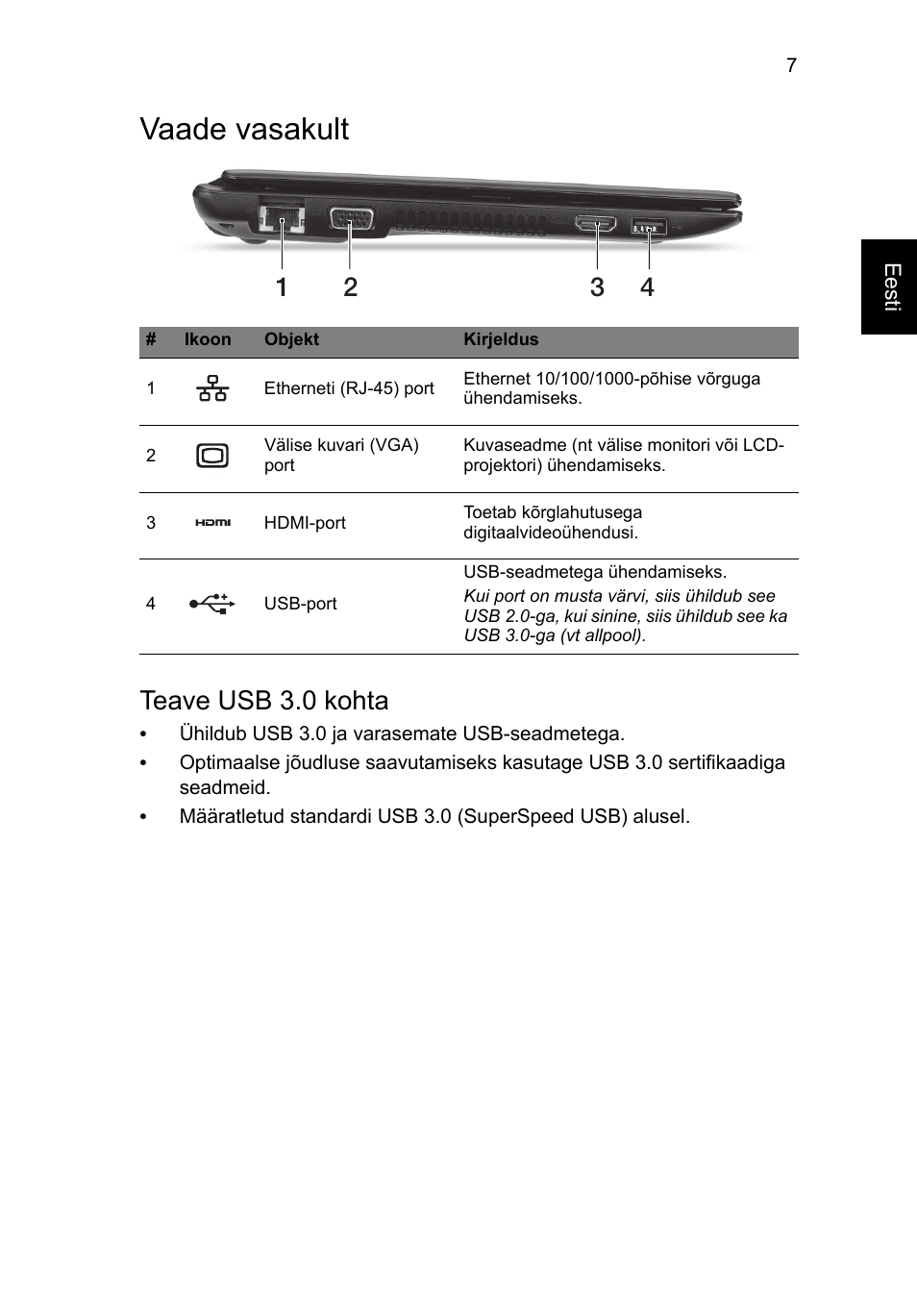 Vaade vasakult, Teave usb 3.0 kohta | Acer TravelMate B113-M User Manual | Page 213 / 306