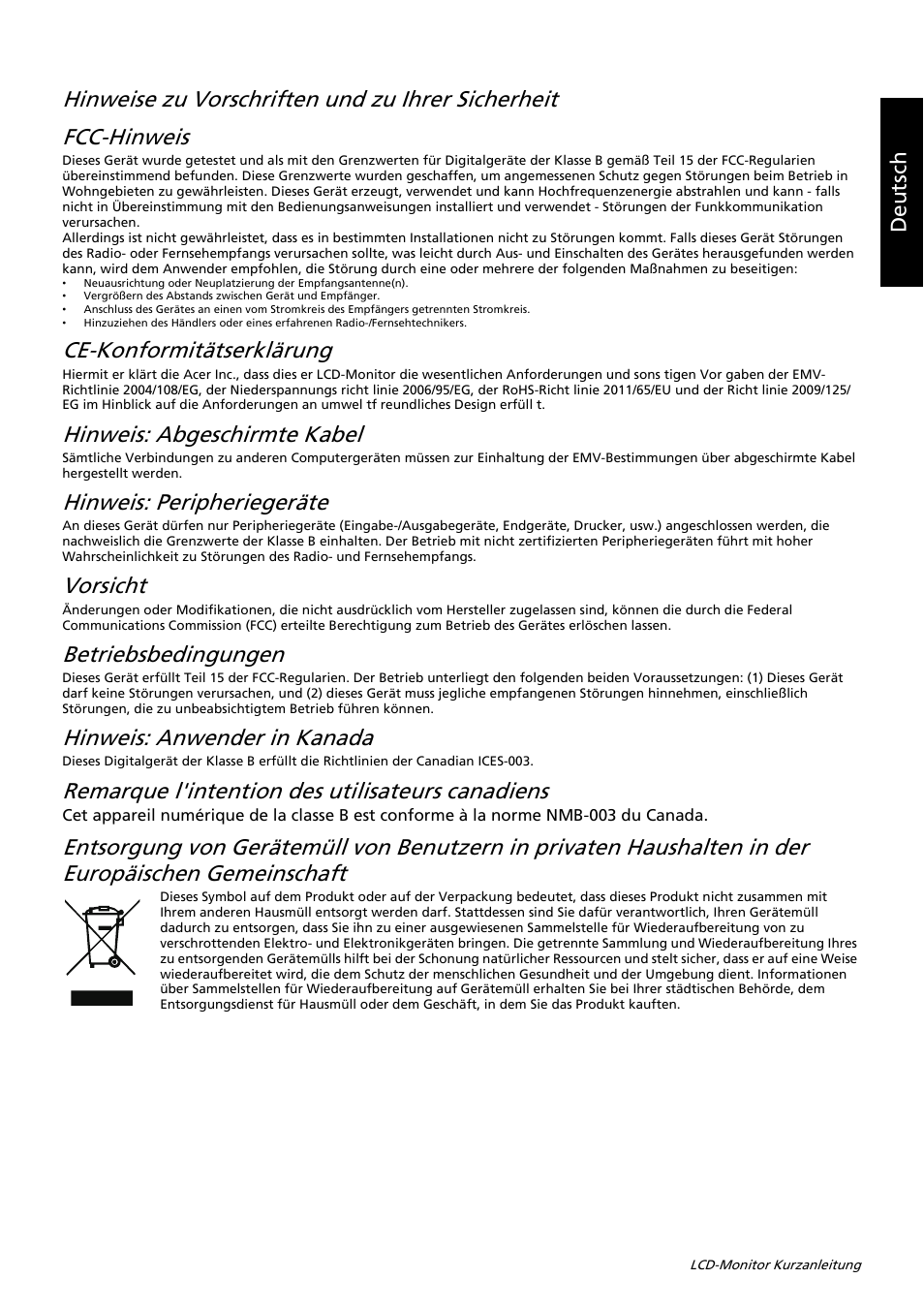 Ce-konformitätserklärung, Hinweis: abgeschirmte kabel, Hinweis: peripheriegeräte | Vorsicht, Betriebsbedingungen, Hinweis: anwender in kanada, Remarque l'intention des utilisateurs canadiens, Deutsch | Acer K192WL User Manual | Page 25 / 32
